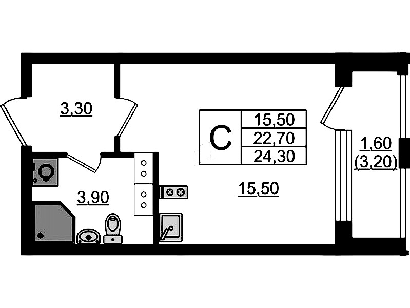Квартира студия 24.3 м², 13/13 эт., ЖК «Тайм Сквер»